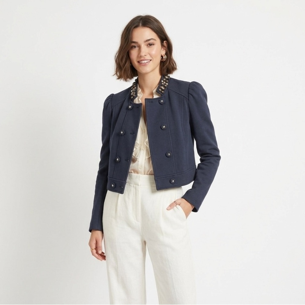 Rebecca Taylor Cropped Y2K Embellished Jacket Navy Blue Size 2 Vintage Office